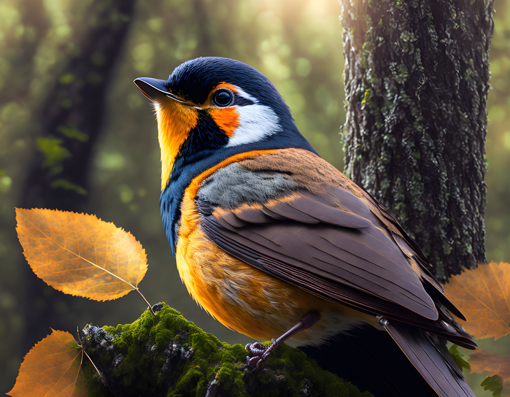 Colorful bird perched on mossy branch in autumn forest