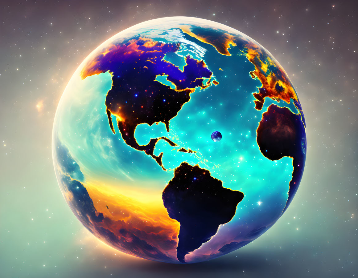 Colorful Earth illustration with city lights and sunrise against starry sky