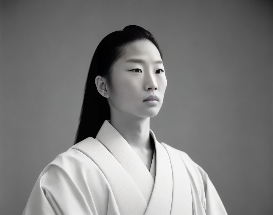 Traditional attire woman portrait in serene black and white.