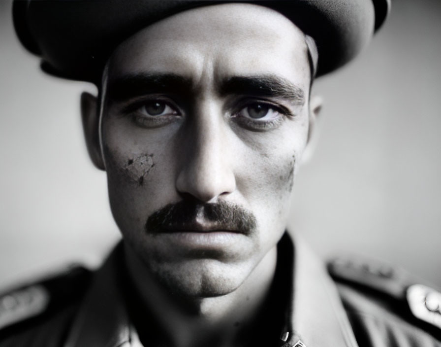 Serious man with mustache and military cap, scar on cheek