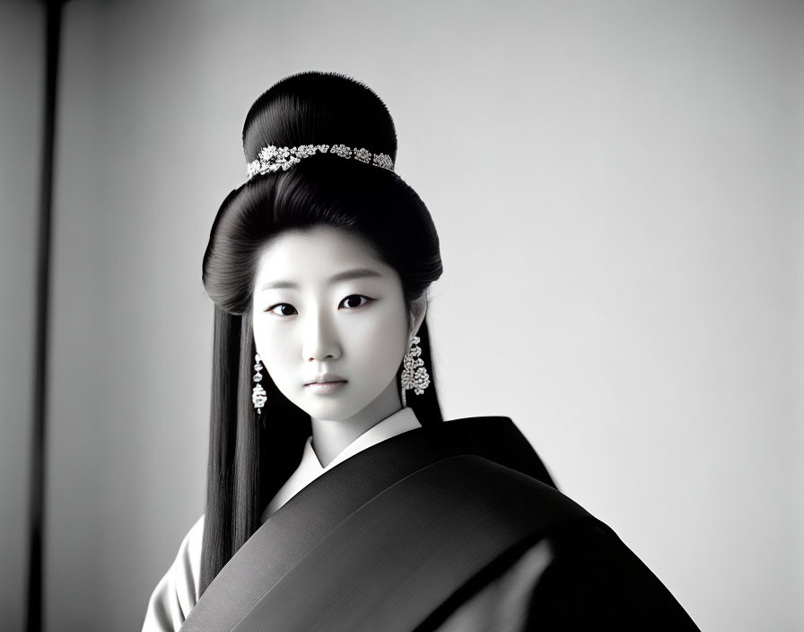 Monochrome portrait of woman in East Asian attire with intricate hairstyle