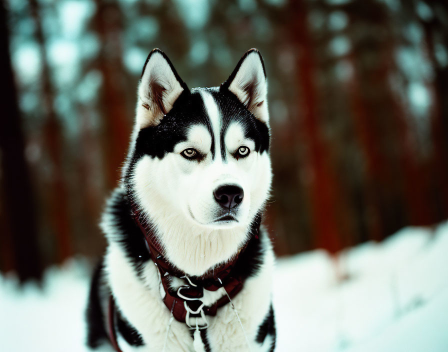 Siberian Husky with Blue Eyes in Snowy Forest