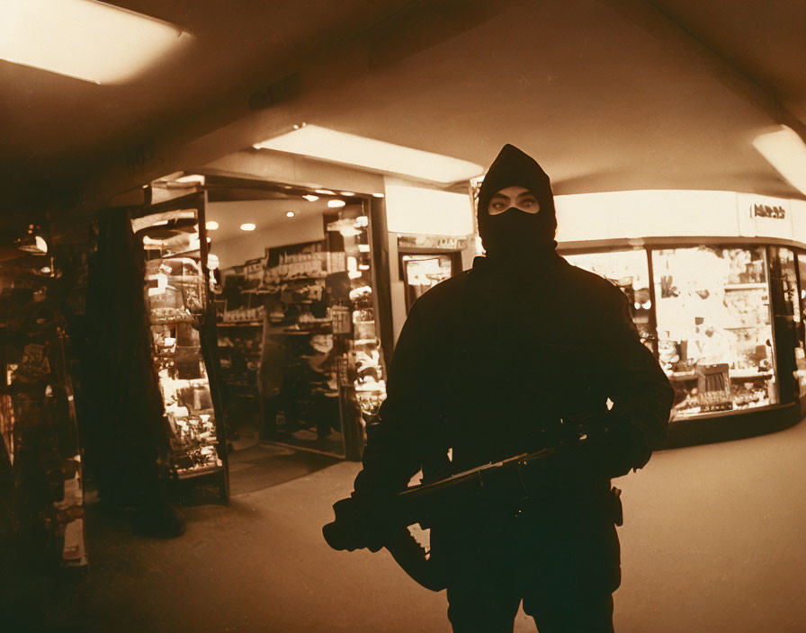 Masked Figure with Firearm in Sepia Shopping Area