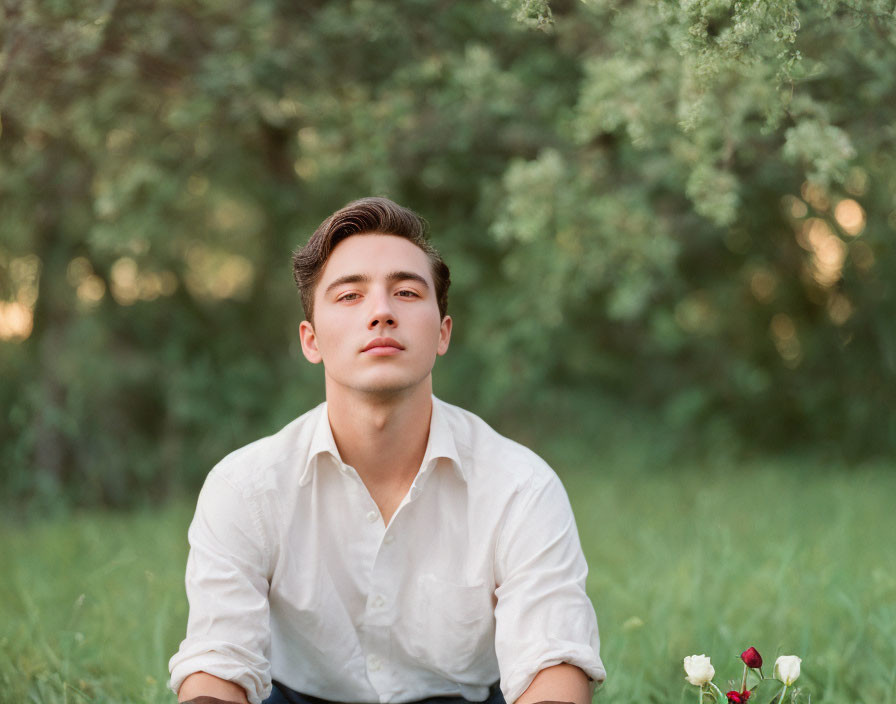 Young man in white shirt sitting in grassy field with red roses and trees in background