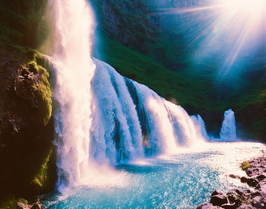 Majestic waterfall cascading into serene pool with sunlight rays