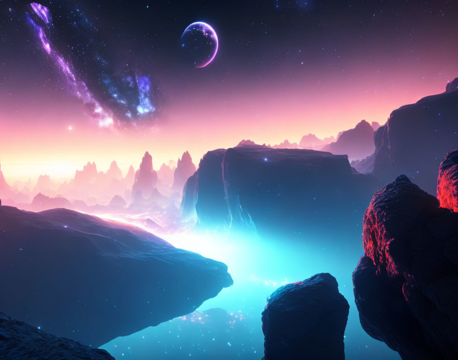 Sci-fi landscape with rocky terrain, starry sky, crescent moon, galaxy, and blue neb