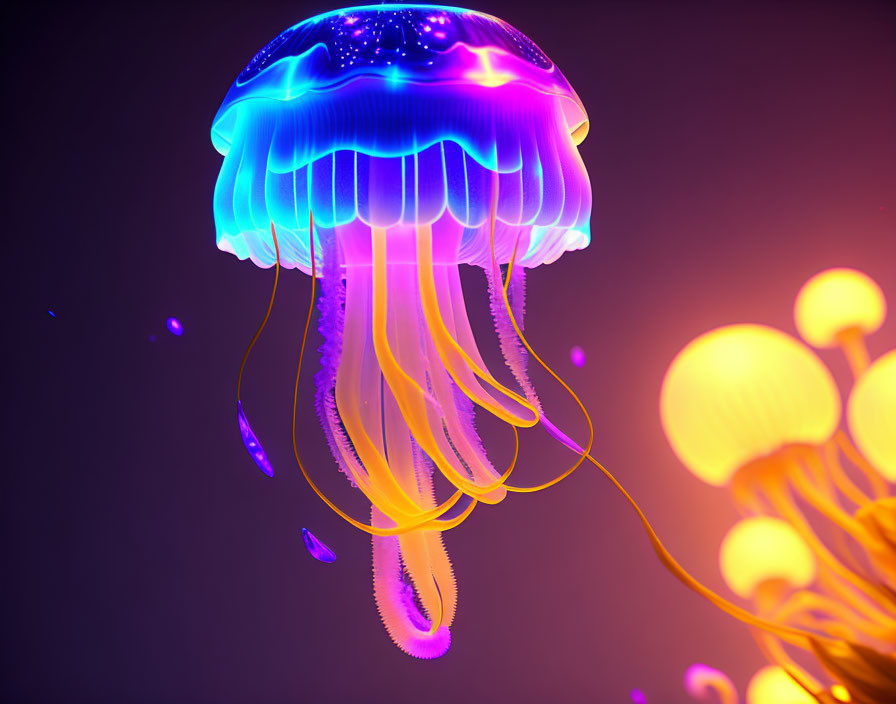 Vibrant bioluminescent jellyfish in purple, blue, and yellow gradient on dark background