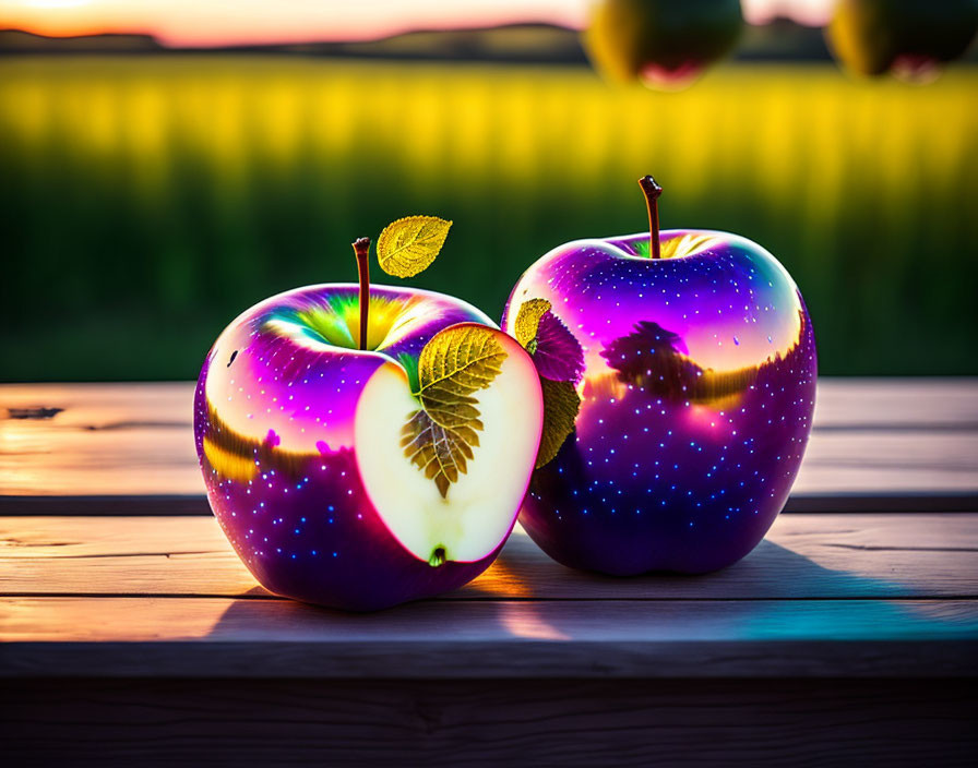 Cosmic pattern apples on wooden surface at sunset