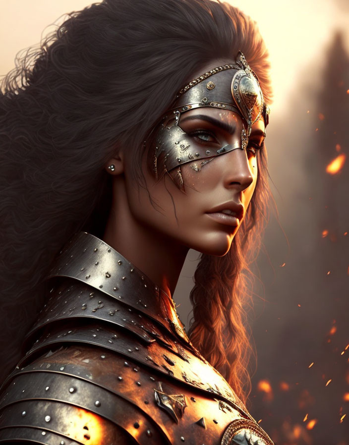 Detailed Female Warrior Artwork in Fiery Setting