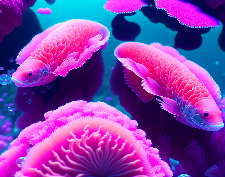 Neon pink fish and glowing coral in deep sea scene