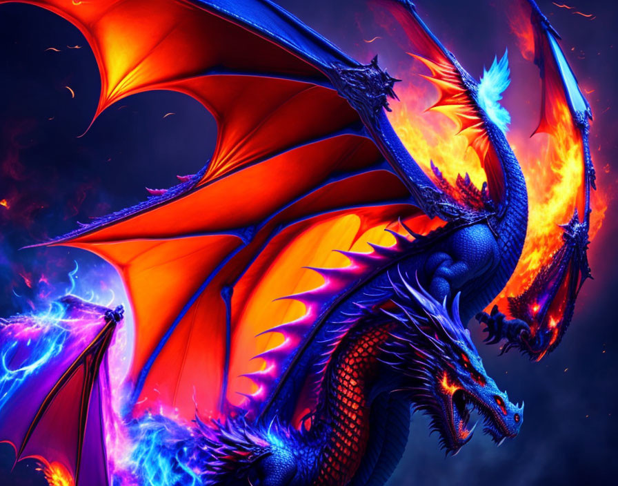 Colorful fantasy art: Blue and red dragon breathing fire in magical setting