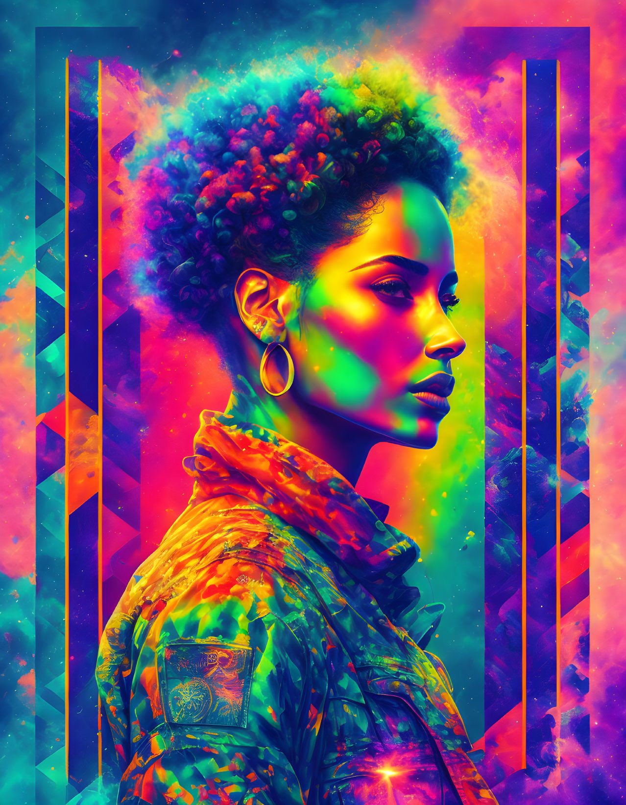 Colorful Digital Art: Woman with Vibrant Hair and Makeup in Geometric Frame