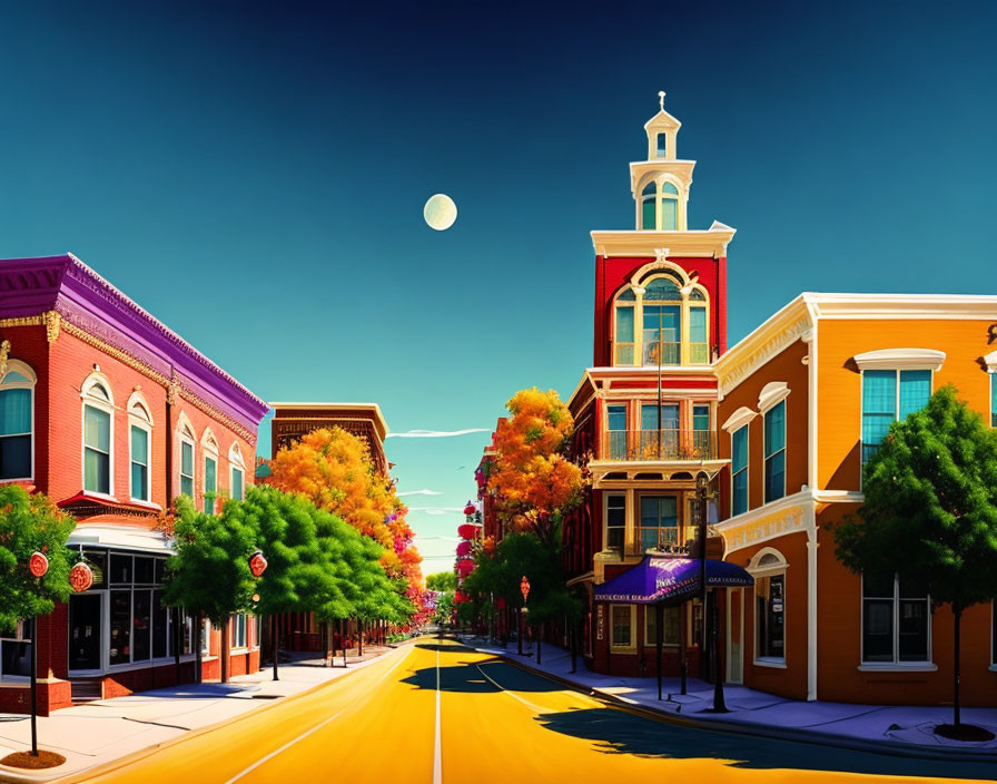 Colorful two-story buildings on vibrant street under daytime moon.