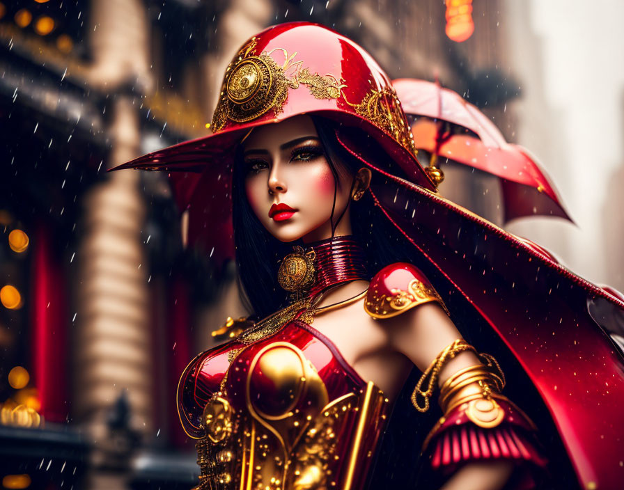 Woman in Red and Gold Armor Stands in Rain