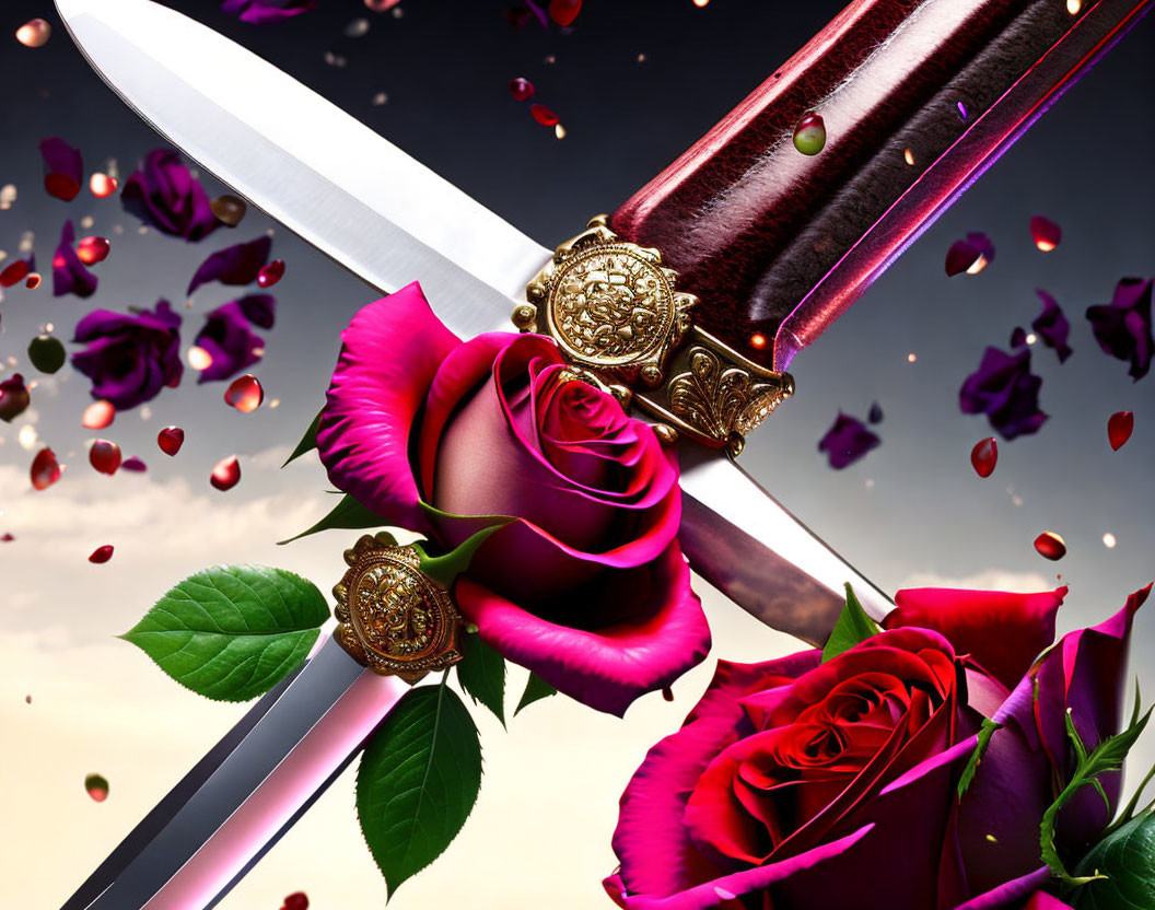 Sharp sword pierces red rose in twilight sky, blood droplets symbolize love.