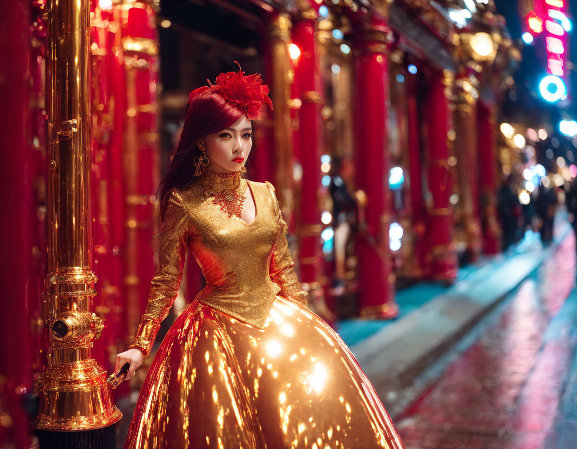 Woman in Golden Dress by Red Columns at Night