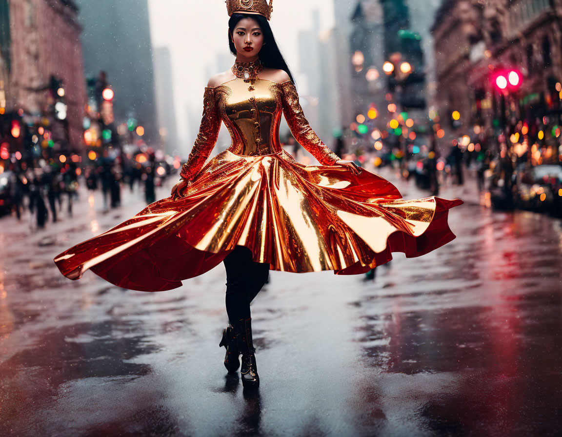 Woman twirls in metallic gold dress on wet city street