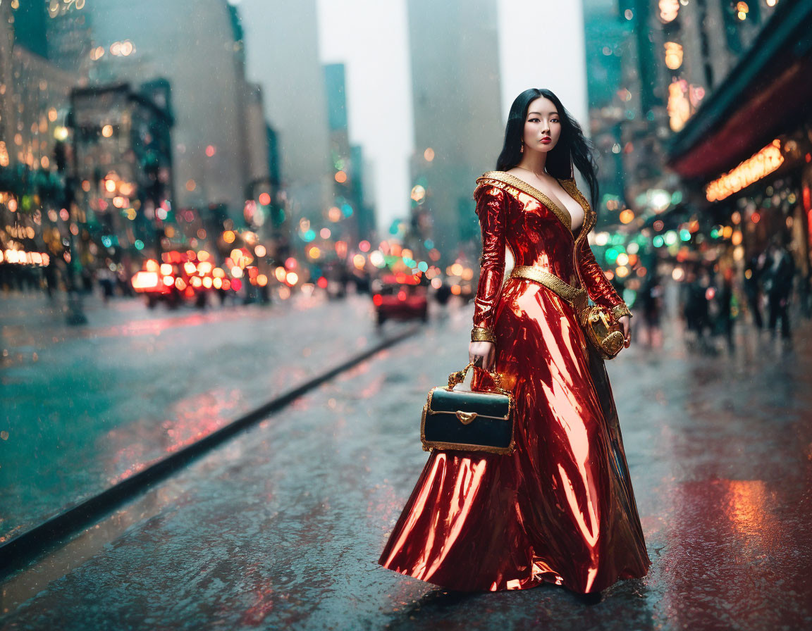 Woman in red and gold dress on rainy city street at twilight