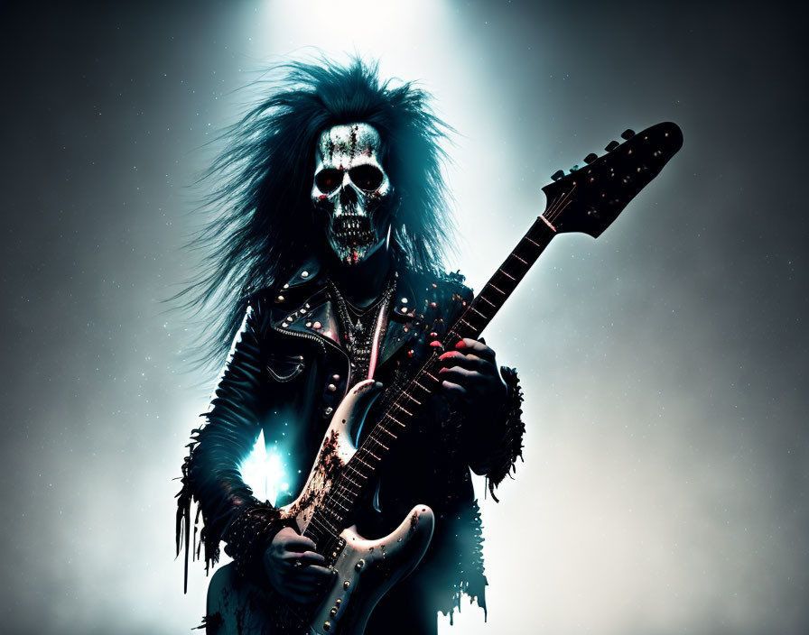 Skeleton costume person playing electric guitar in dramatic blue lighting