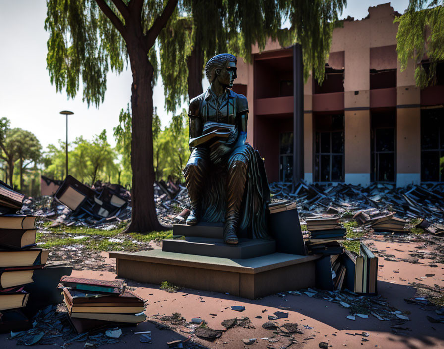 Statue of woman reading book surrounded by books under tree with building.