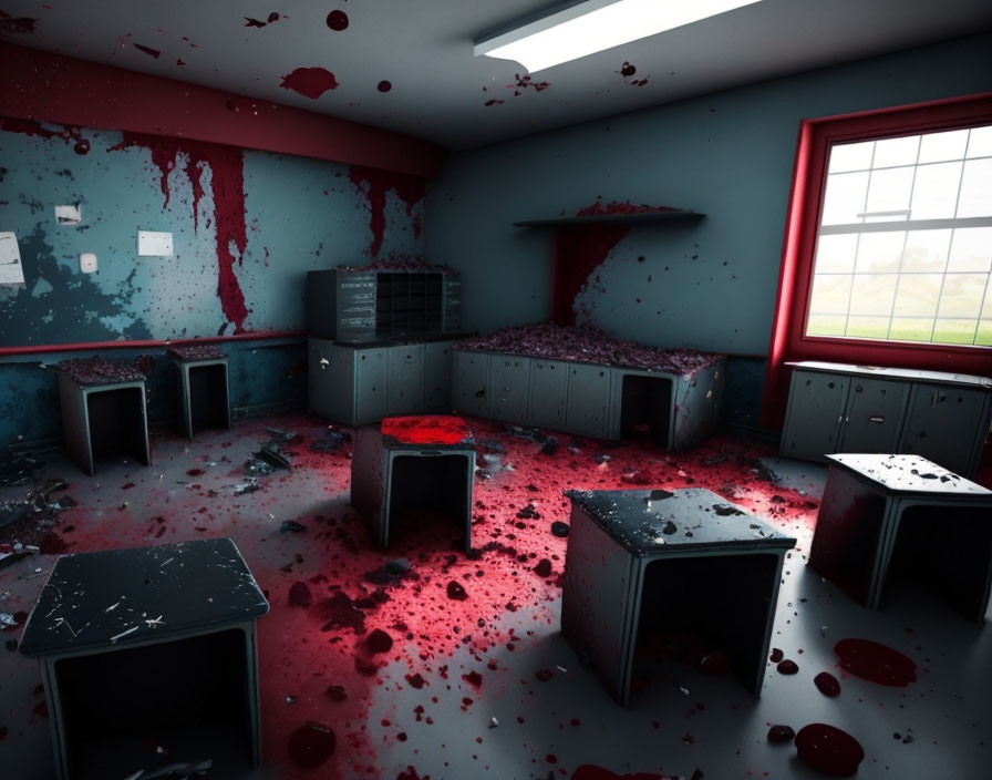 Disordered room with red splatters, overturned furniture under gloomy light