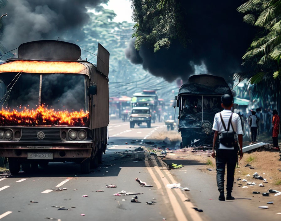 Two buses on fire with thick black smoke on a street