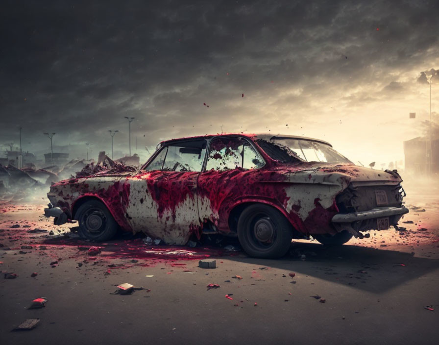 Rusted car with blood-red splatter in post-apocalyptic landscape