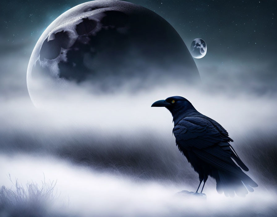 Raven in misty field under detailed moon and cloudy sky