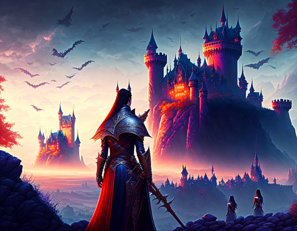 Knight in armor gazes at distant castle with dragons in sunset.