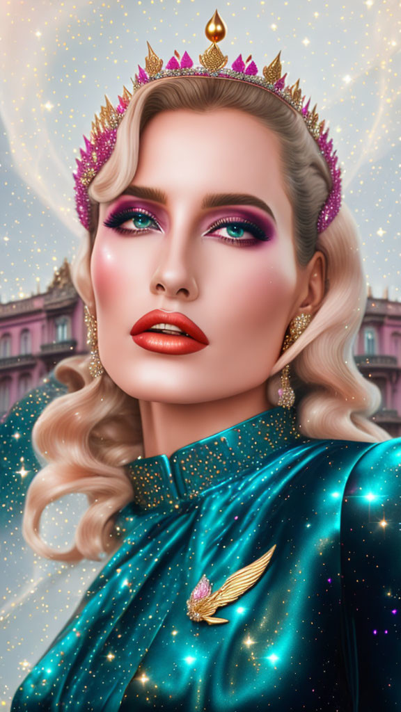 Stylized portrait of woman in gold crown and teal outfit