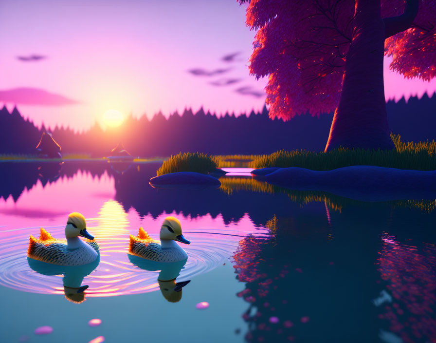 Tranquil sunset scene with ducks, tree, and mountains