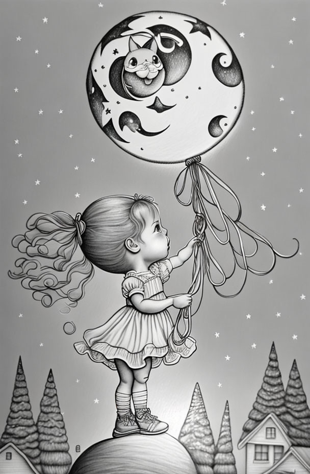 Monochrome illustration of girl reaching crescent moon with cat on globe