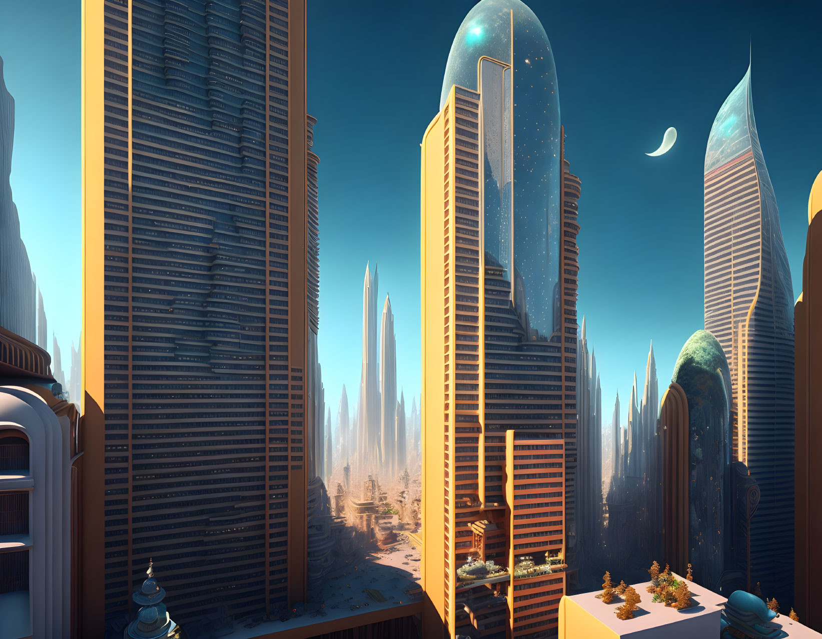 Futuristic cityscape with advanced skyscrapers and crescent moon