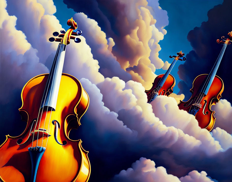 Vibrant colored violins in dramatic sky scene