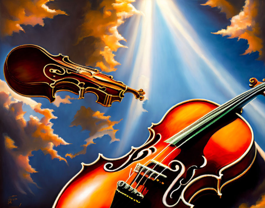 Colorful Violin and Bow Painting with Dramatic Clouds and Light Beams