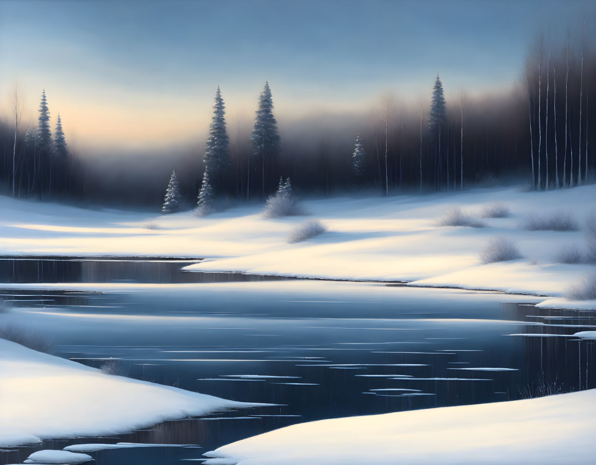 Snow-covered winter landscape with frozen river and misty trees