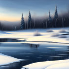 Snow-covered winter landscape with frozen river and misty trees