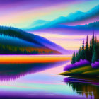 Scenic painting of tranquil lake, purple trees, and layered mountains