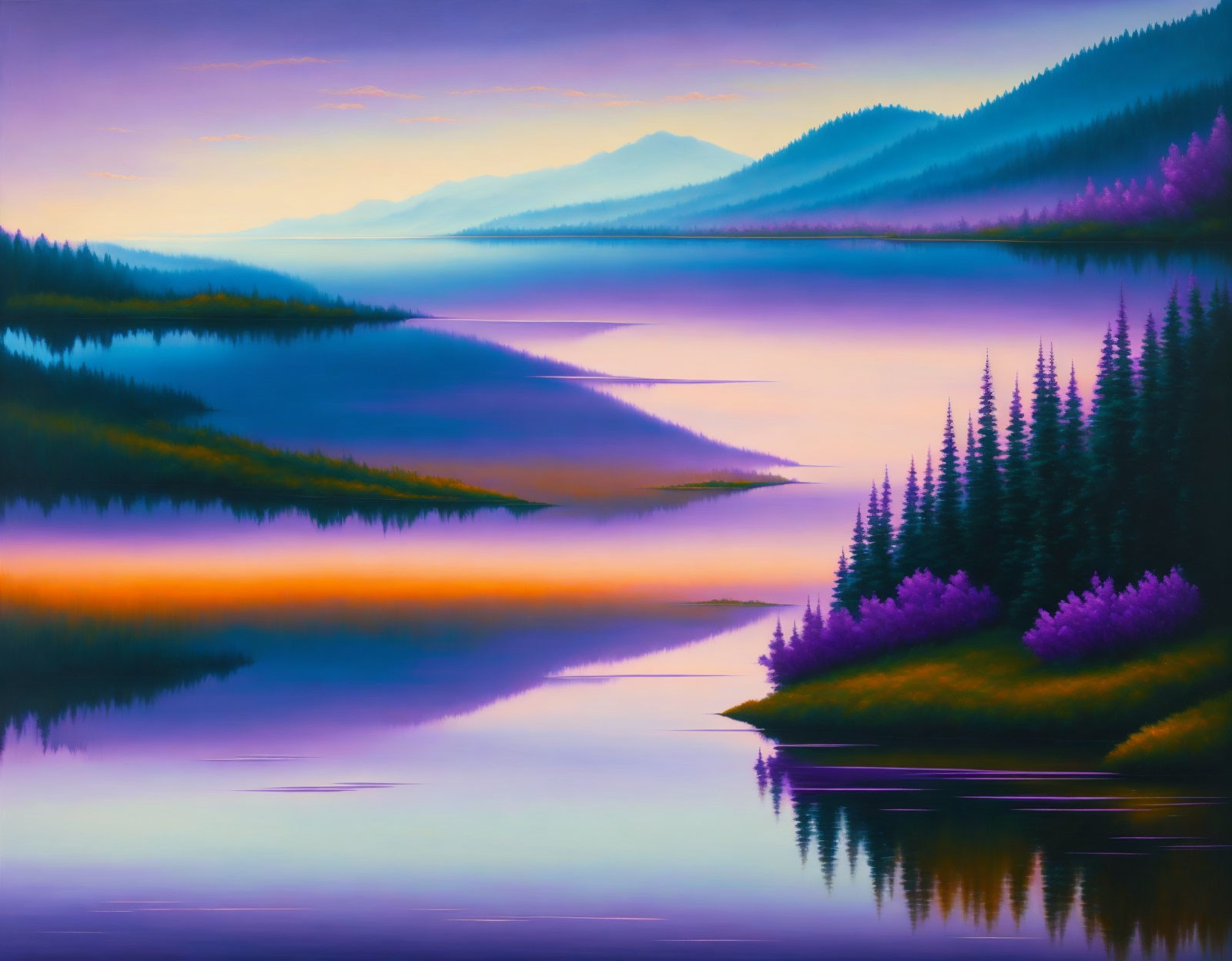 Scenic painting of tranquil lake, purple trees, and layered mountains