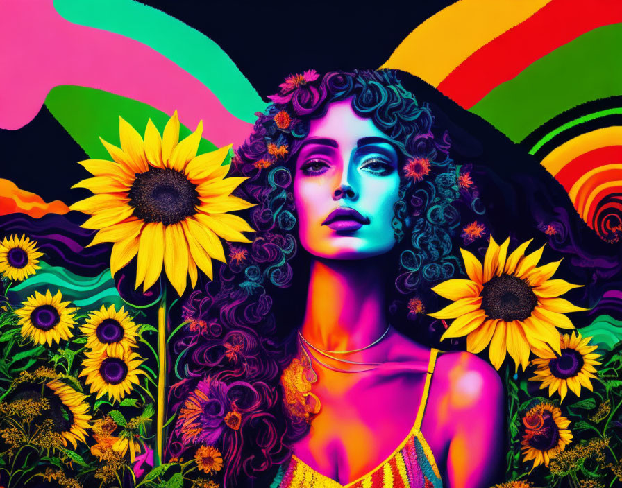 Colorful Psychedelic Portrait of Woman with Sunflowers and Rainbow Patterns