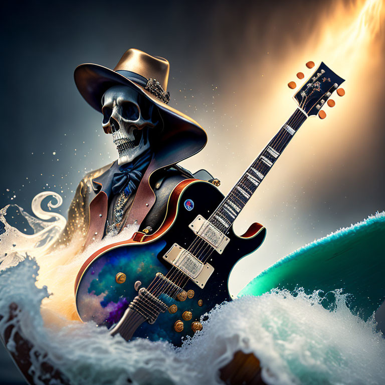 Skeleton in Fedora and Suit Playing Electric Guitar in Ocean Setting