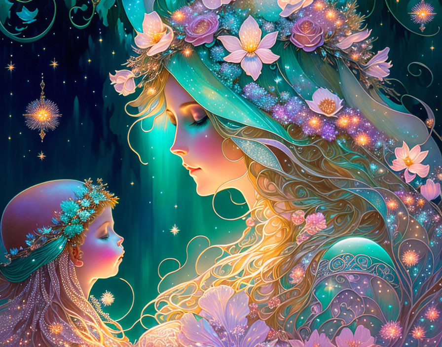 Ethereal figures with glowing flowers and stars under night sky