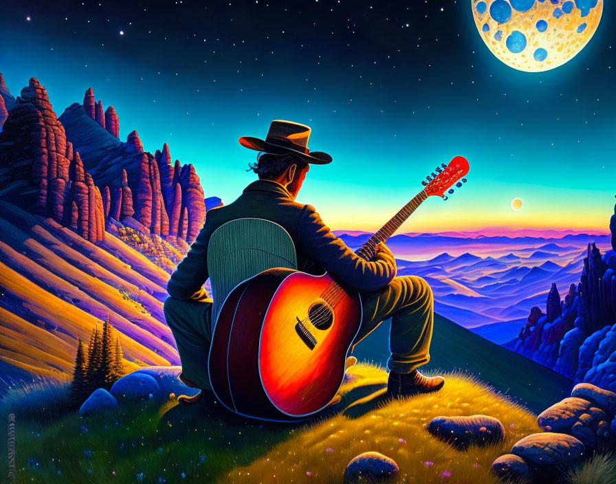 Person playing guitar on grassy hill under starry sky and moon