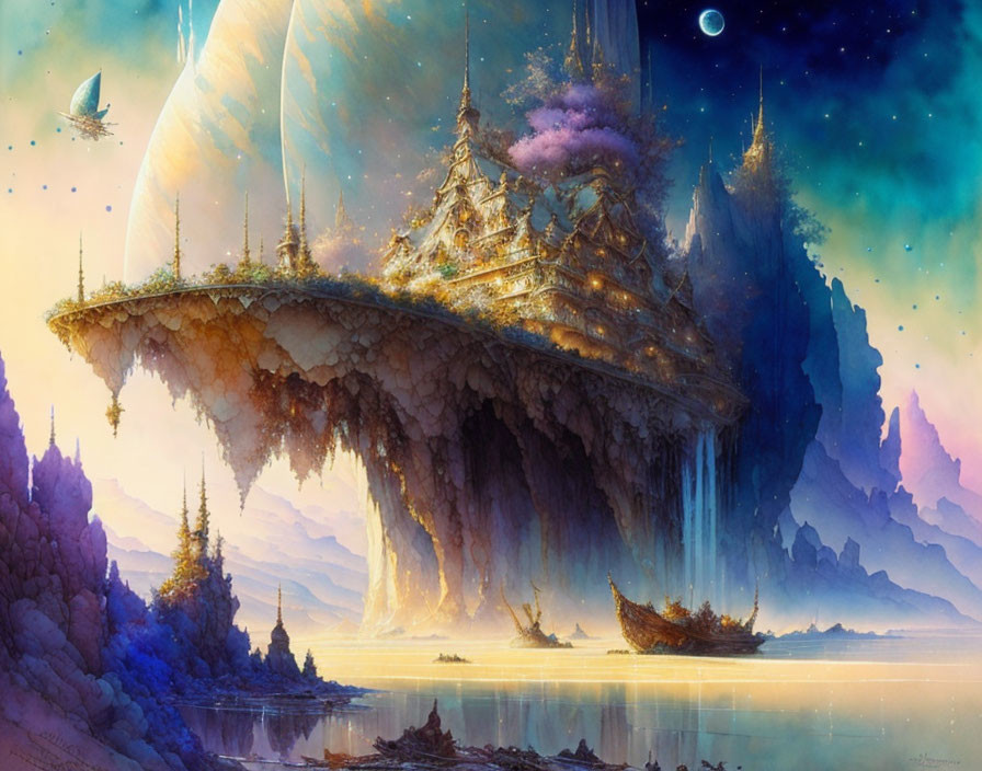 Fantastical floating island with golden palace, starry sky, waterfalls, pine trees, and