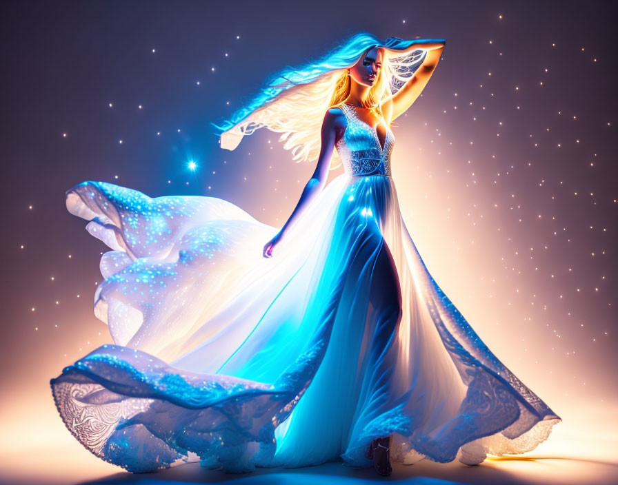 Woman in Glowing Blue Dress Surrounded by Stars and Ethereal Light