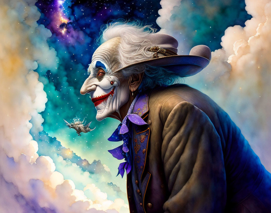 Whimsical clown character with white hair and tiny dragon on finger against vibrant sky