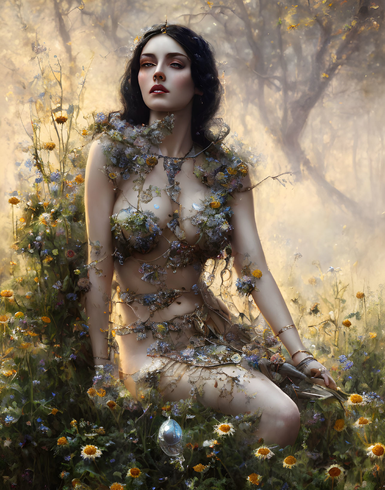 Mystical figure surrounded by flowers in sunlit woods