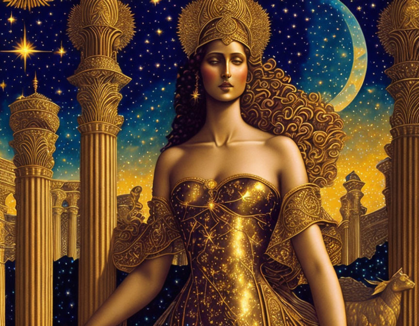 Illustrated woman with golden hair and attire under starry sky and crescent moon.