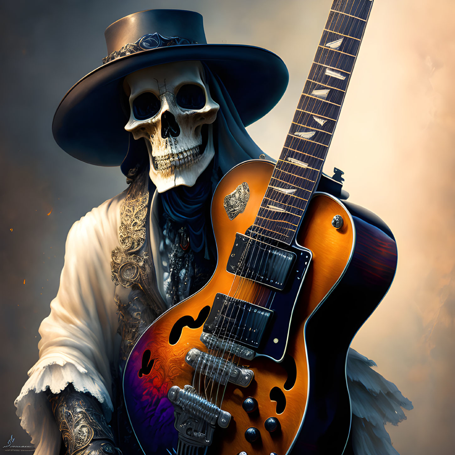 Skeleton in Hat with Electric Guitar on Smoky Background