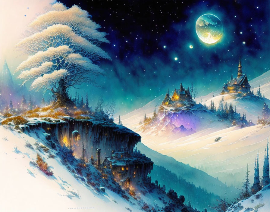 Snowy Night Landscape: Illuminated Cliff Buildings, Starry Sky, Vivid Moon